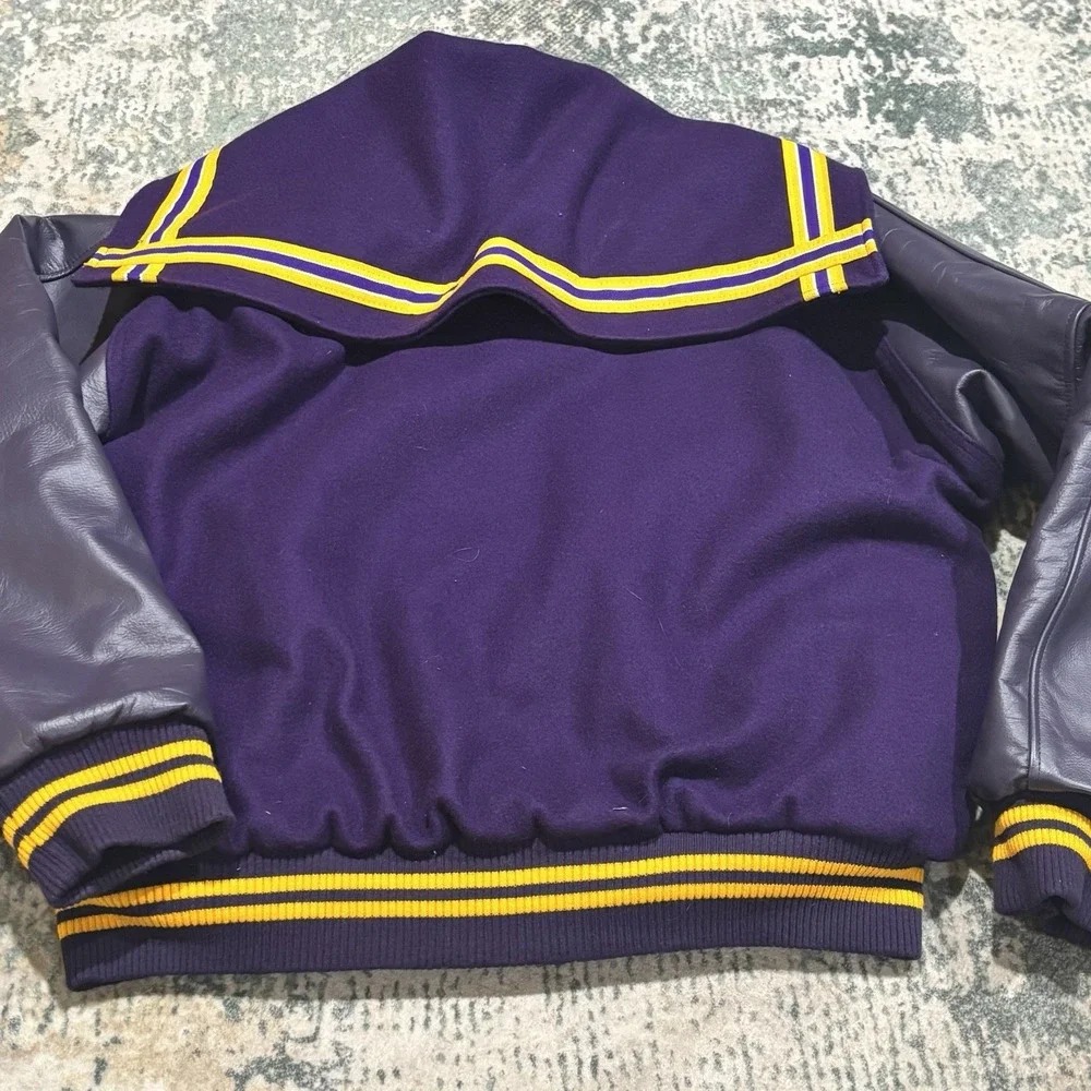Vintage Rennoc USA Wool Leather Varsity Jacket Purple Gold Sailor Hood Large